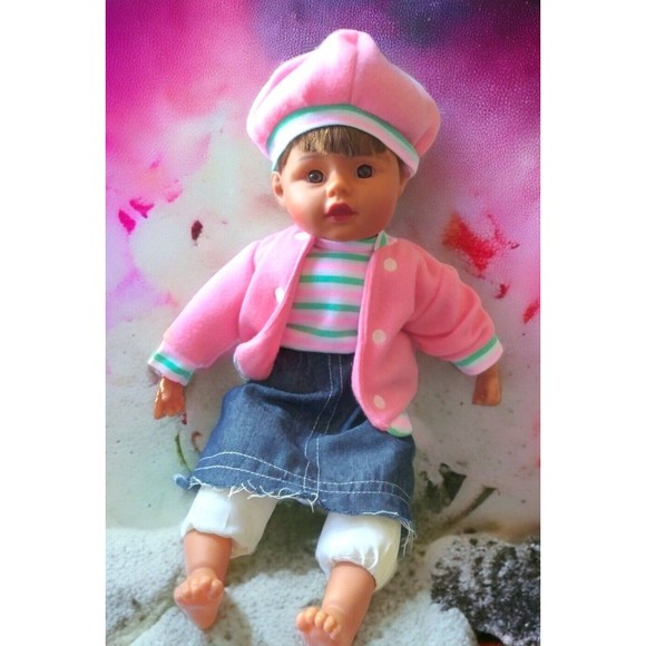 Excite USA Baby Doll Girl W Pink Coat Hat Denim Skirt 16" Soft Body Plastic Face - Picture 4 of 9
